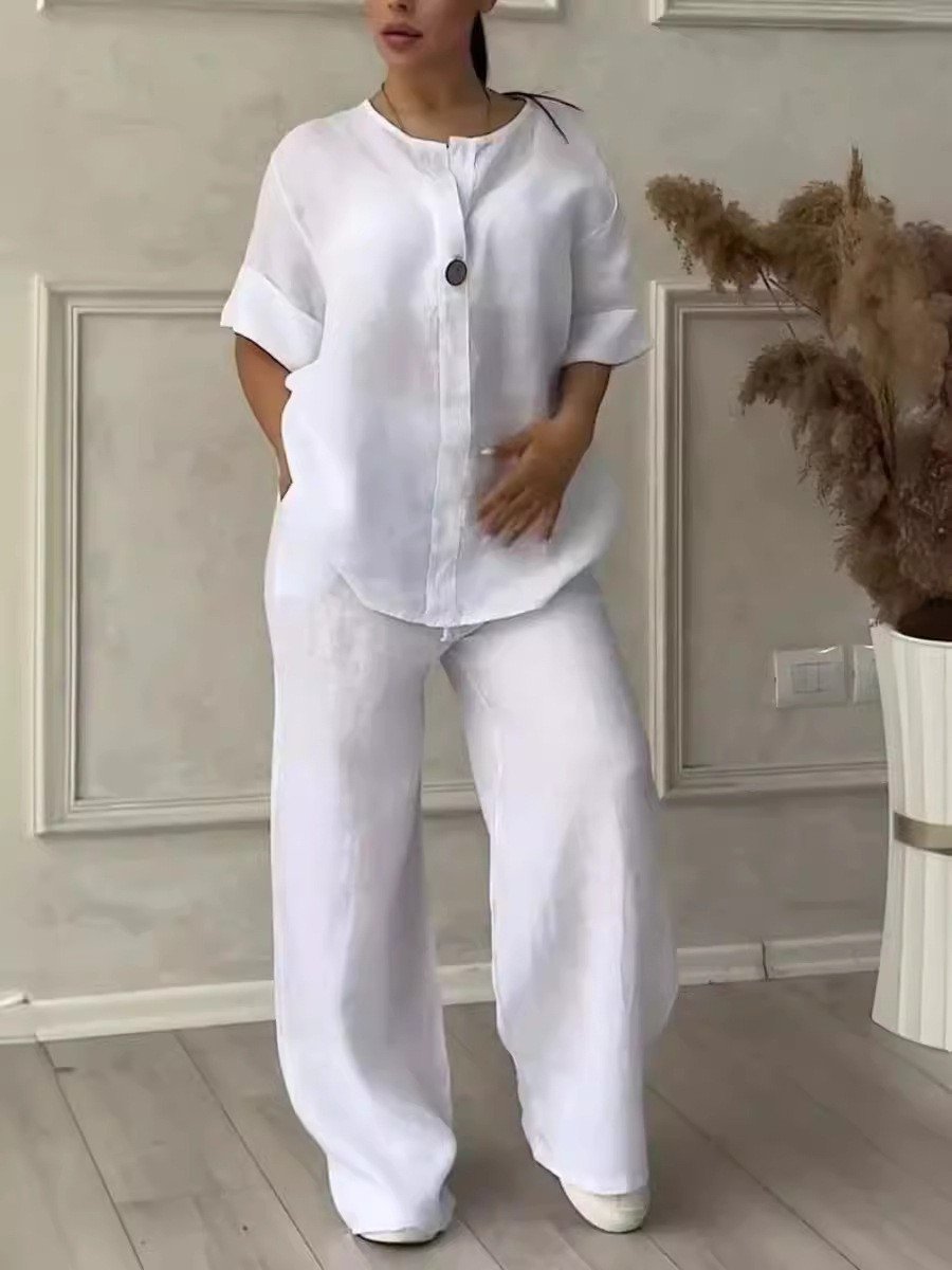 Women Casual button decorated cotton and linen two-piece set