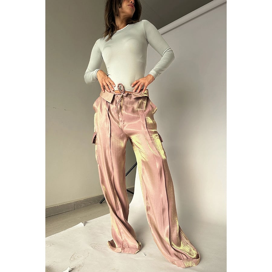 Golden Years Glitter Fabric Drawstring Waist Pocketed Wide Leg Pants - Buy two and get free shipping!