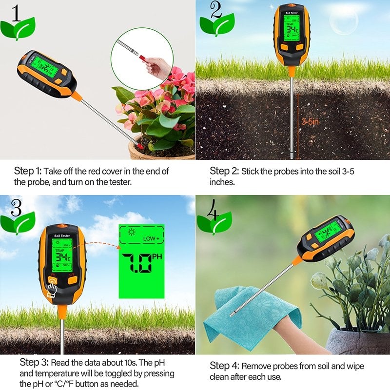 Digital 4-in-1 Soil Test Meter, large LCD screen, probe accurately quick measure, battery power supply