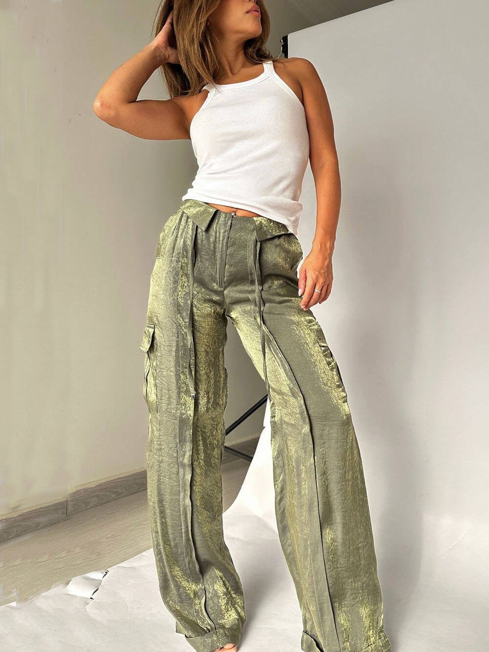 Golden Years Glitter Fabric Drawstring Waist Pocketed Wide Leg Pants - Buy two and get free shipping!