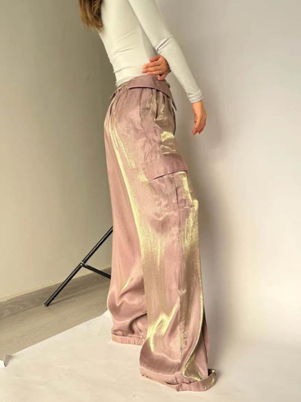 Golden Years Glitter Fabric Drawstring Waist Pocketed Wide Leg Pants - Buy two and get free shipping!