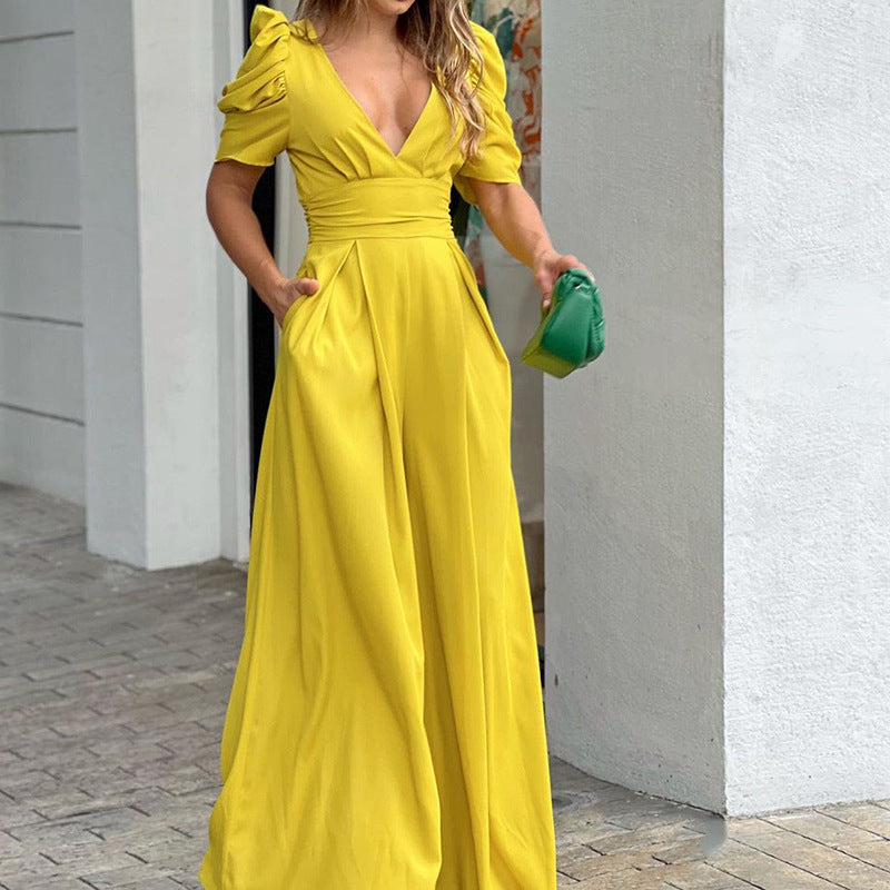 V-neck high waist loose wide-leg jumpsuit