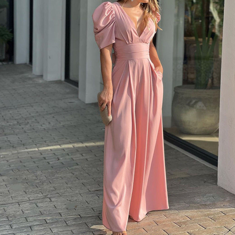 V-neck high waist loose wide-leg jumpsuit