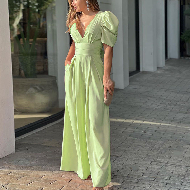 V-neck high waist loose wide-leg jumpsuit