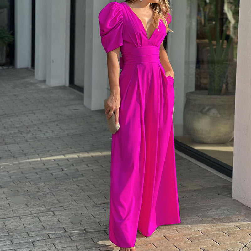 V-neck high waist loose wide-leg jumpsuit