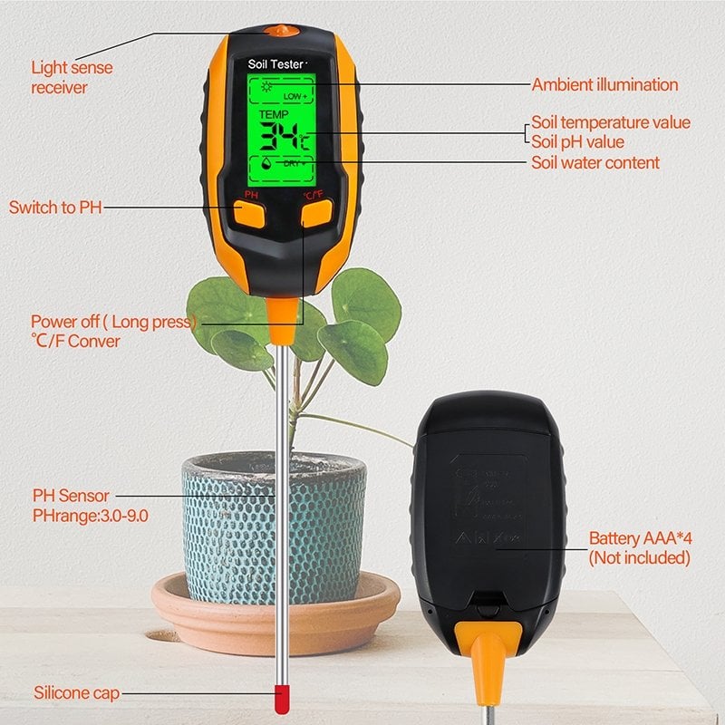 Digital 4-in-1 Soil Test Meter, large LCD screen, probe accurately quick measure, battery power supply