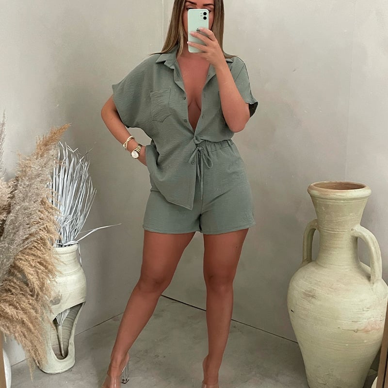 Short Sleeve Pocket Blouse and Drawstring Shorts Set💥Buy 2 Sets Free Shipping