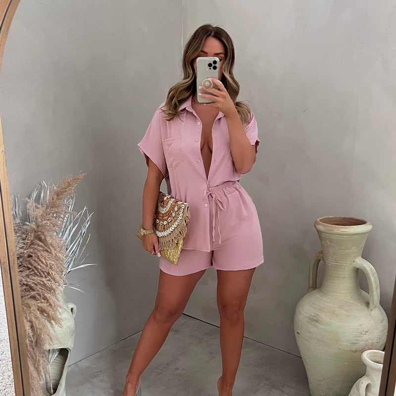 Short Sleeve Pocket Blouse and Drawstring Shorts Set💥Buy 2 Sets Free Shipping