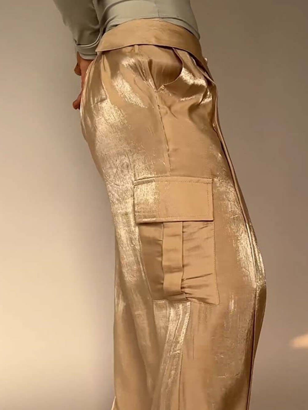 Golden Years Glitter Fabric Drawstring Waist Pocketed Wide Leg Pants - Buy two and get free shipping!