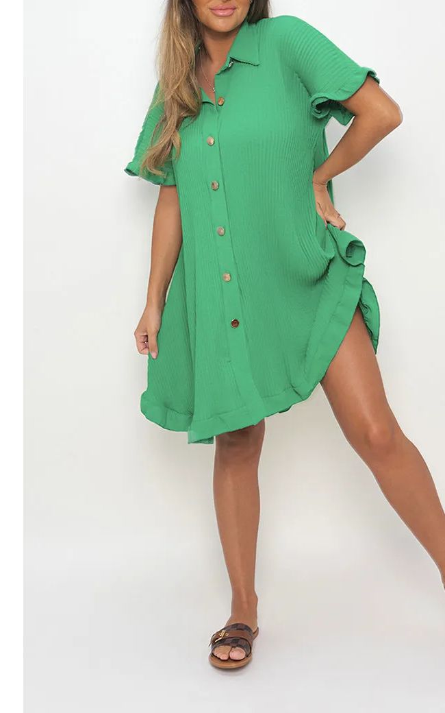 Button Down Oversized Ruffle Short Sleeve Mini Dress