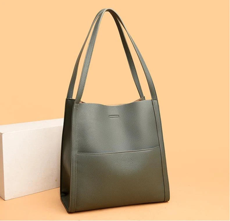 Solid color simple genuine leather shoulder bag