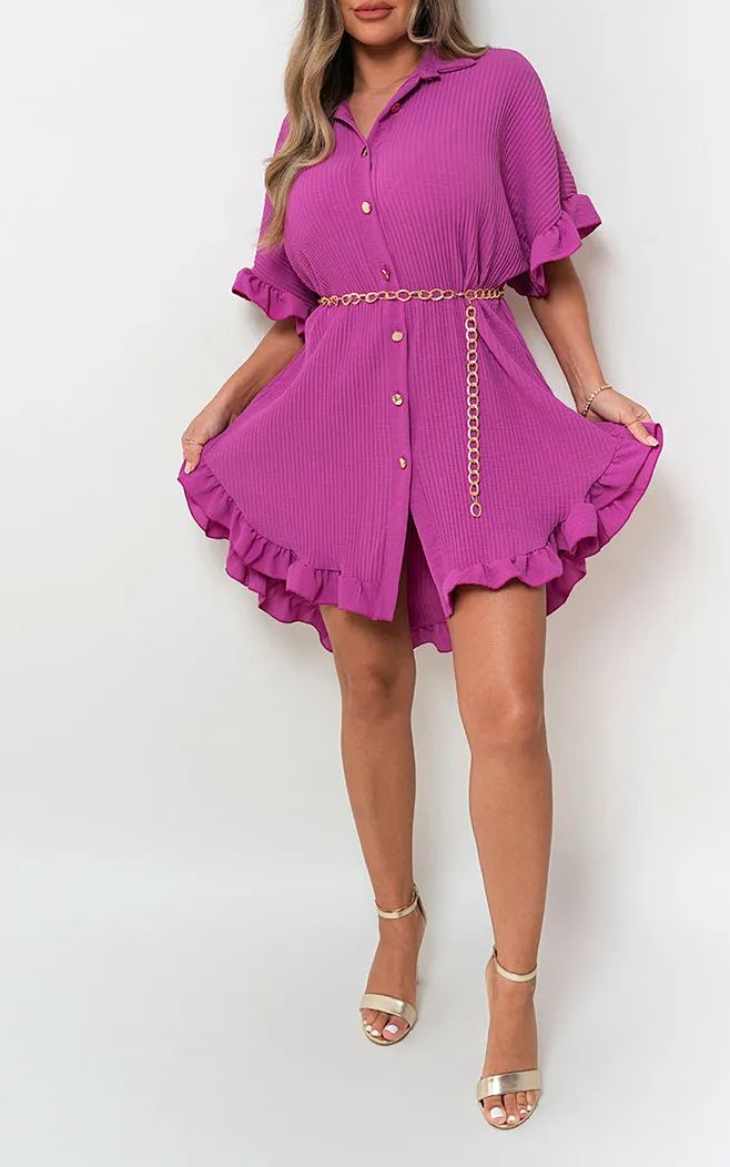 Button Down Oversized Ruffle Short Sleeve Mini Dress