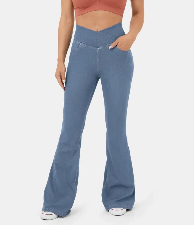 Stretchy Denim High Waisted Crossover Flare Pants (Buy 2 Free Shipping)