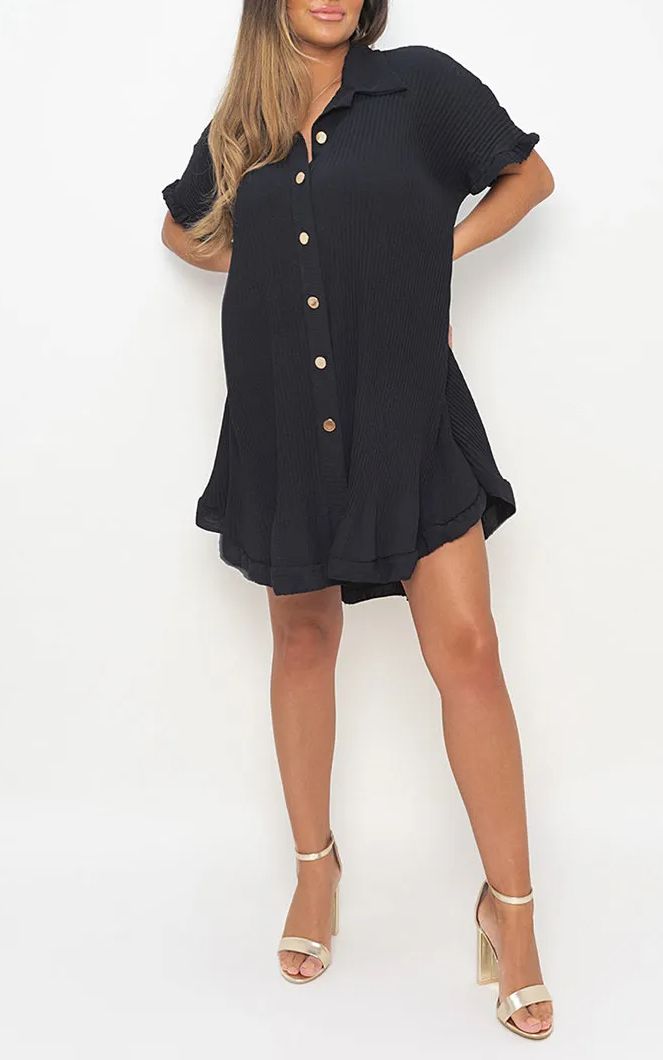 Button Down Oversized Ruffle Short Sleeve Mini Dress