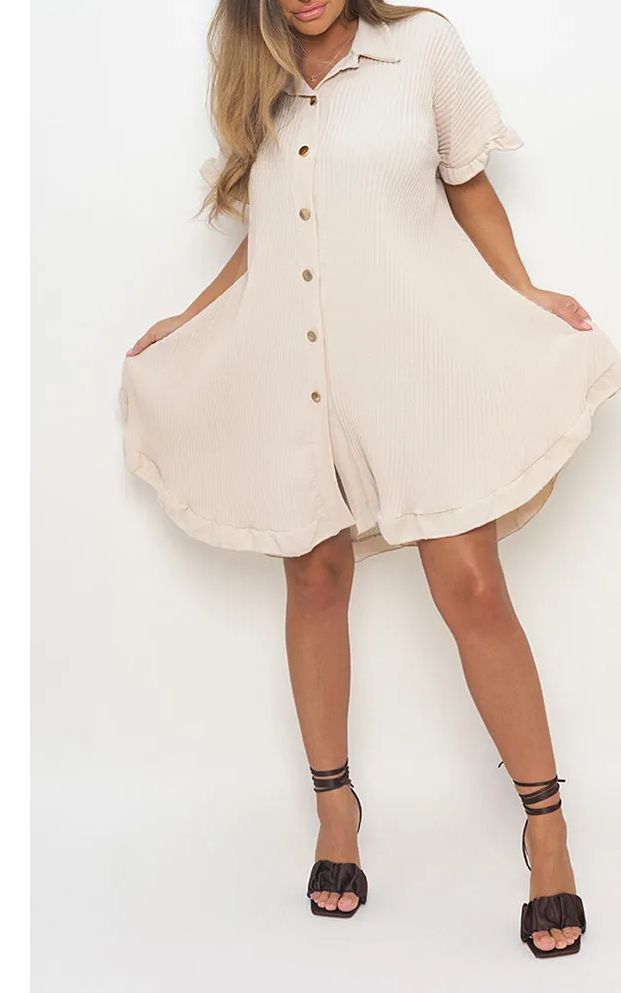 Button Down Oversized Ruffle Short Sleeve Mini Dress