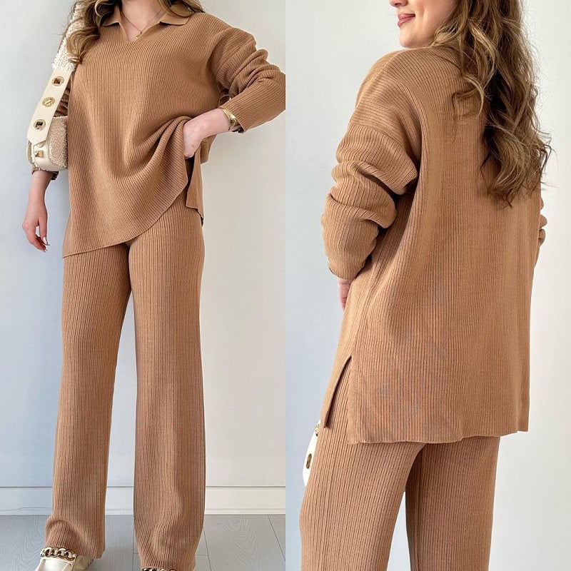 V-neck casual slit knitted two-piece set