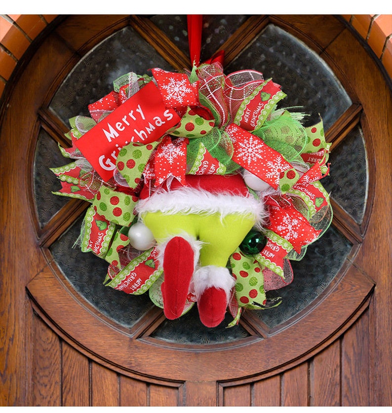 ❄Christmas essentials❄Whimsical Grinch Leg Wreath Door Hanging Festive Christmas Decoration