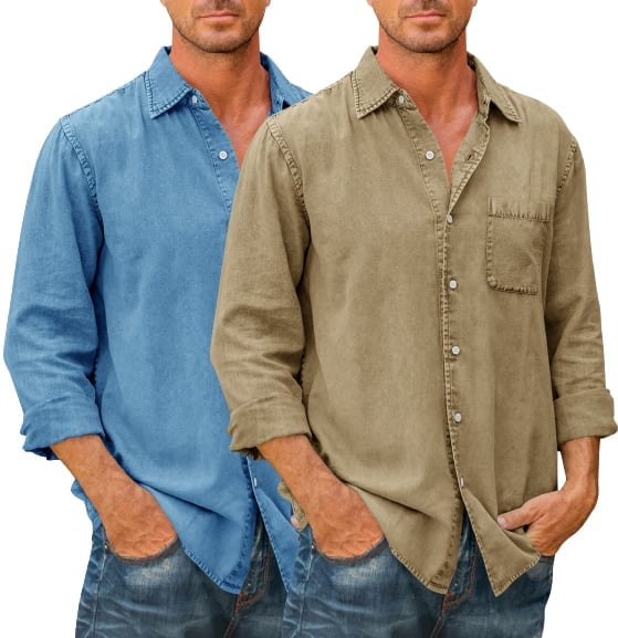 🔥Mens Denim style Long Sleeve Button Down Shirt