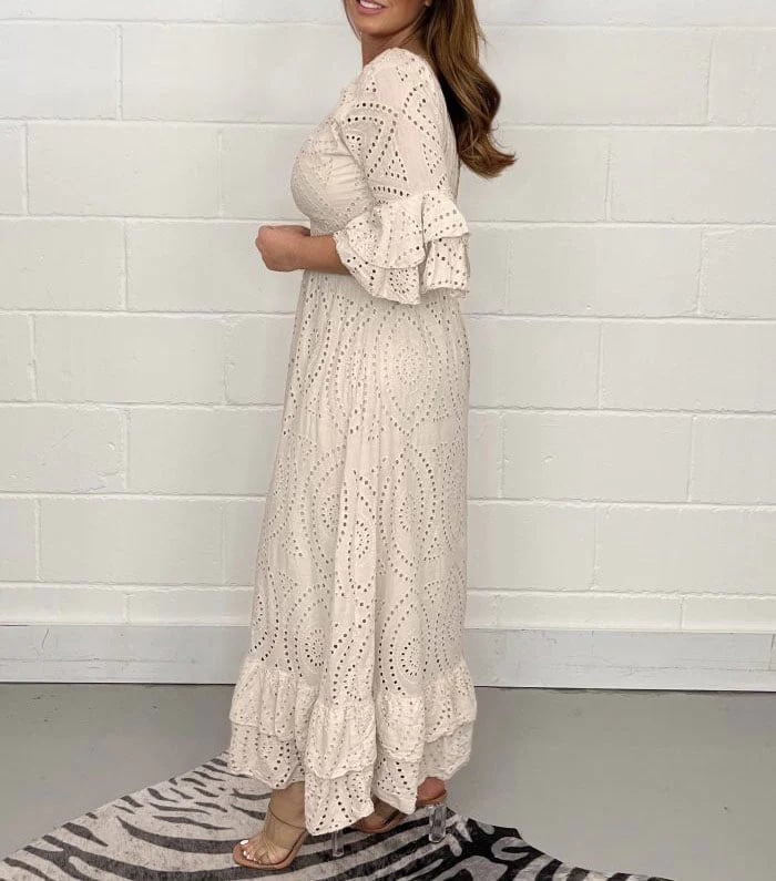 Embroidery Anglaise Frill Sleeve Midi Dress