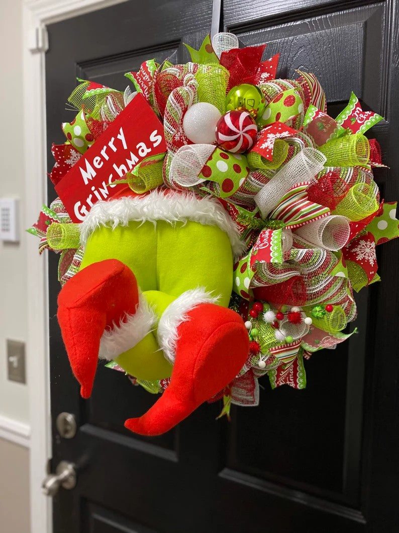 ❄Christmas essentials❄Whimsical Grinch Leg Wreath Door Hanging Festive Christmas Decoration