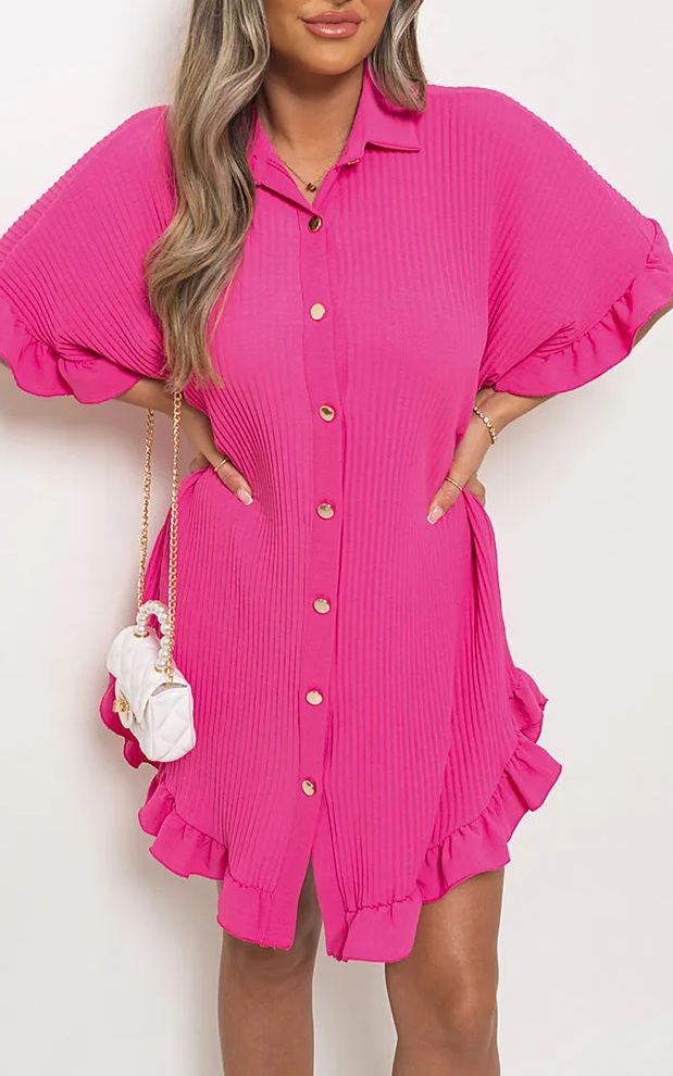 Button Down Oversized Ruffle Short Sleeve Mini Dress