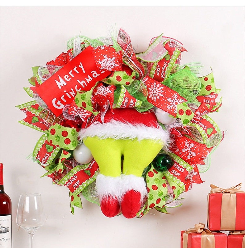 ❄Christmas essentials❄Whimsical Grinch Leg Wreath Door Hanging Festive Christmas Decoration