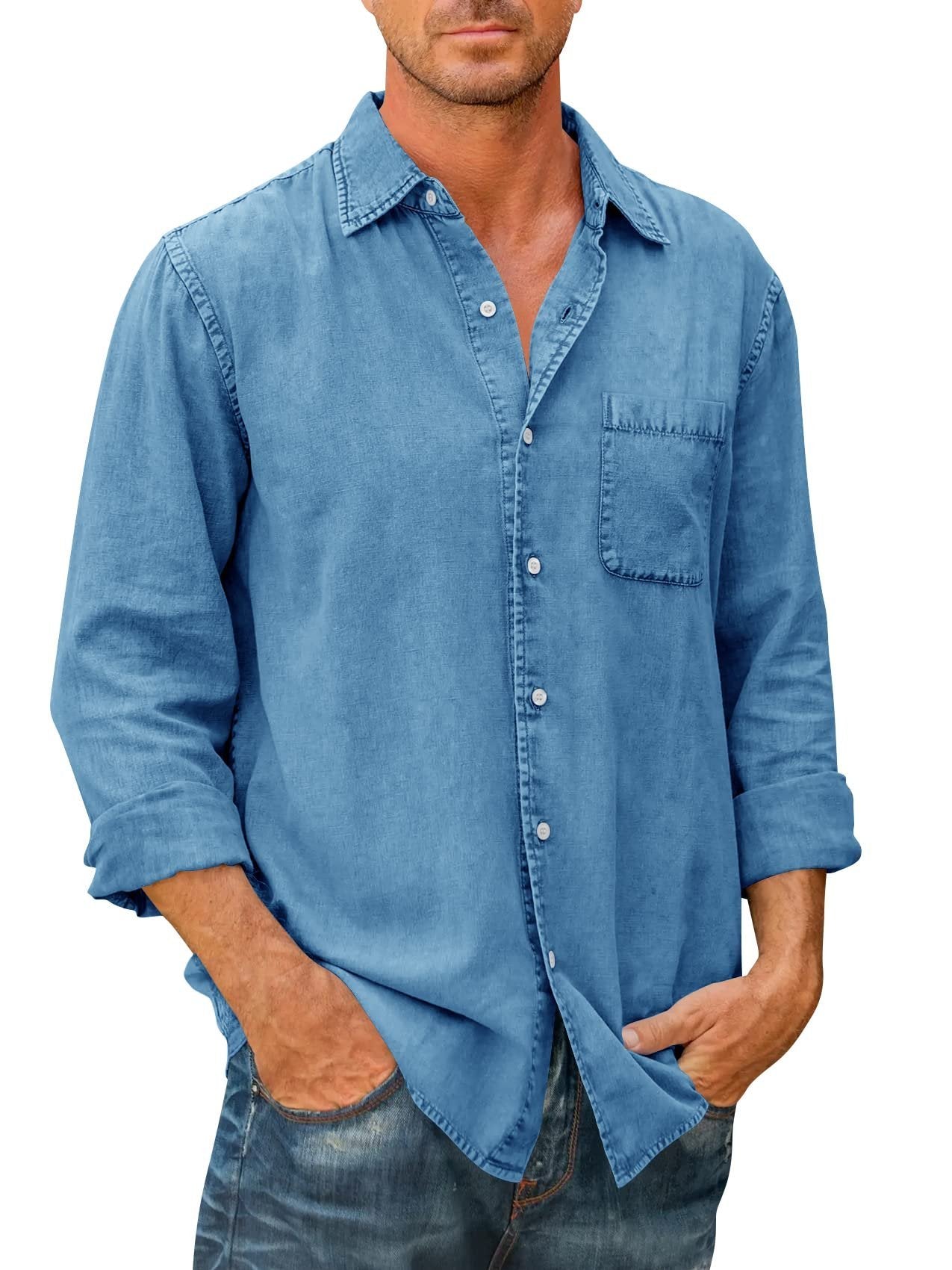 🔥Mens Denim style Long Sleeve Button Down Shirt