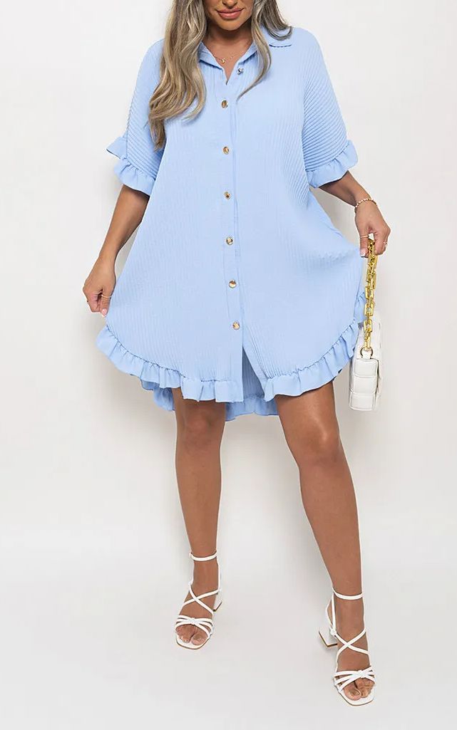 Button Down Oversized Ruffle Short Sleeve Mini Dress