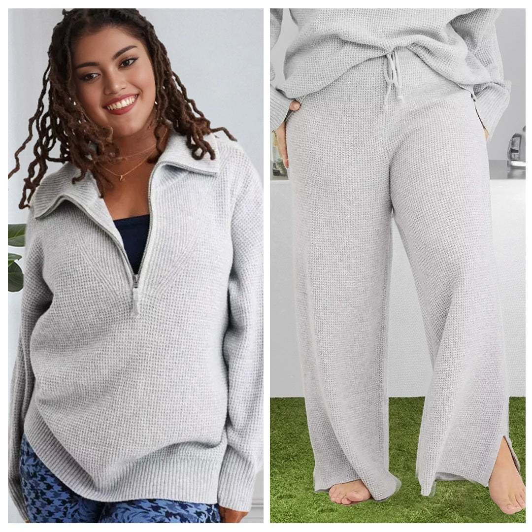 Half Zip Waffle Sweater Set (Buy 2 Free Shipping)