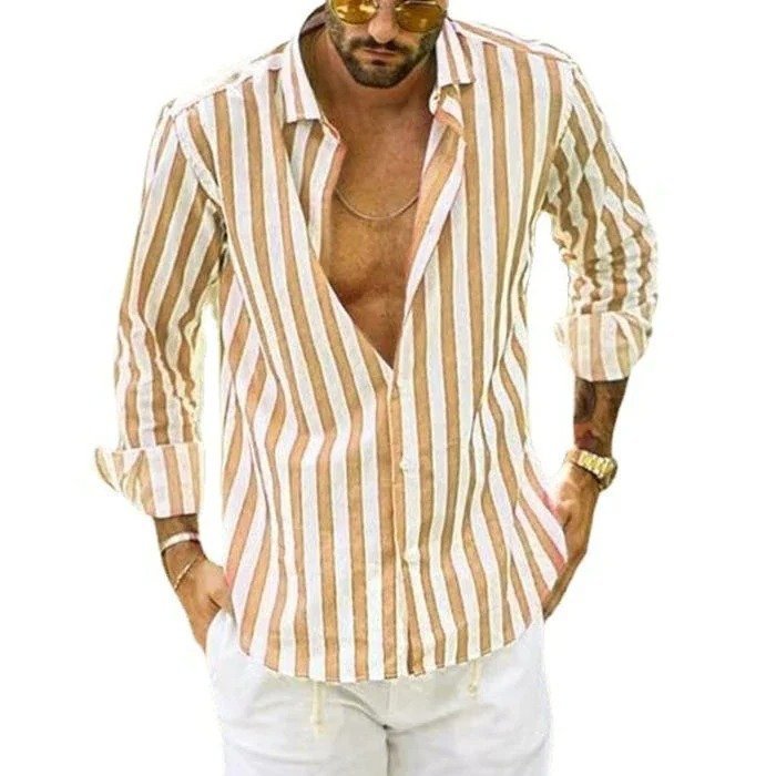 Men's Cotton Linen Striped Button Down Long Sleeve