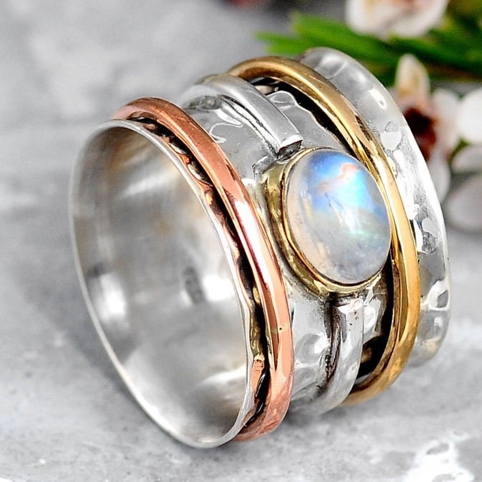 🎁Wide Band Two Tone Moonstone Spinner Ring