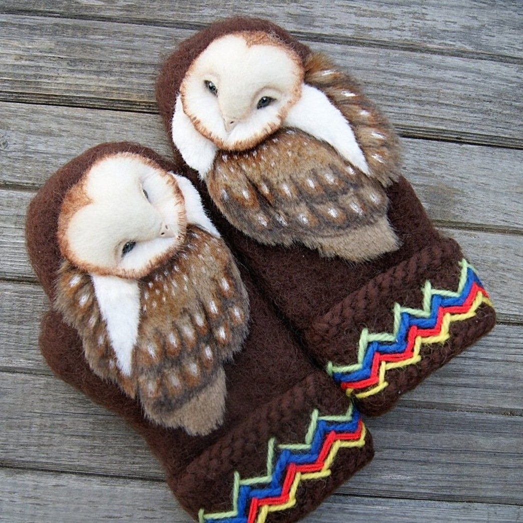 Hand Knitted Wool Nordic Mittens with Owls (Buy 2 Free Shipping)